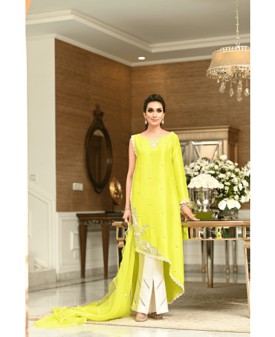 Lime  Chinese Raw Silk Shirt & Duppata