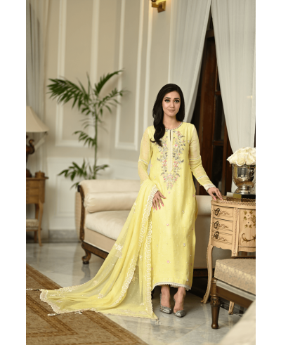 Yellow Cotton Embroidered Shirt with Duppata