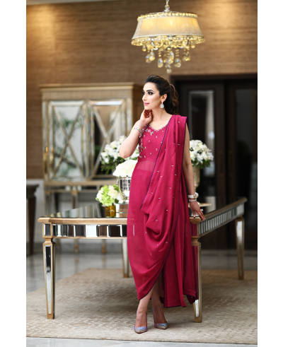 Burgundy Cotton net Saree Shirt with pants