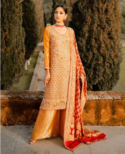 Mustard Chinese Raw Silk Angrakha