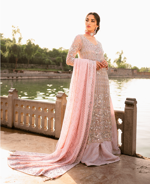 Embroidered bridal outfit for wedding wear in pink color – Nameera by Farooq
