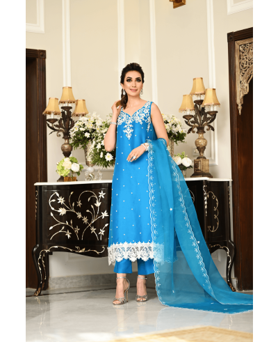 Turquoise Chinese Raw Silk Shirt & Duppata